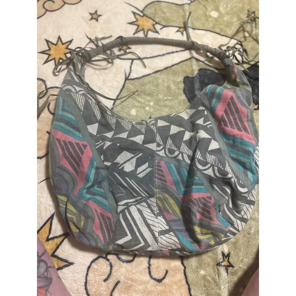 O'Neill Hobo Bag Purse Shoulder Bag Gray Pink Abstract‎ Print Boho Chic 18x12